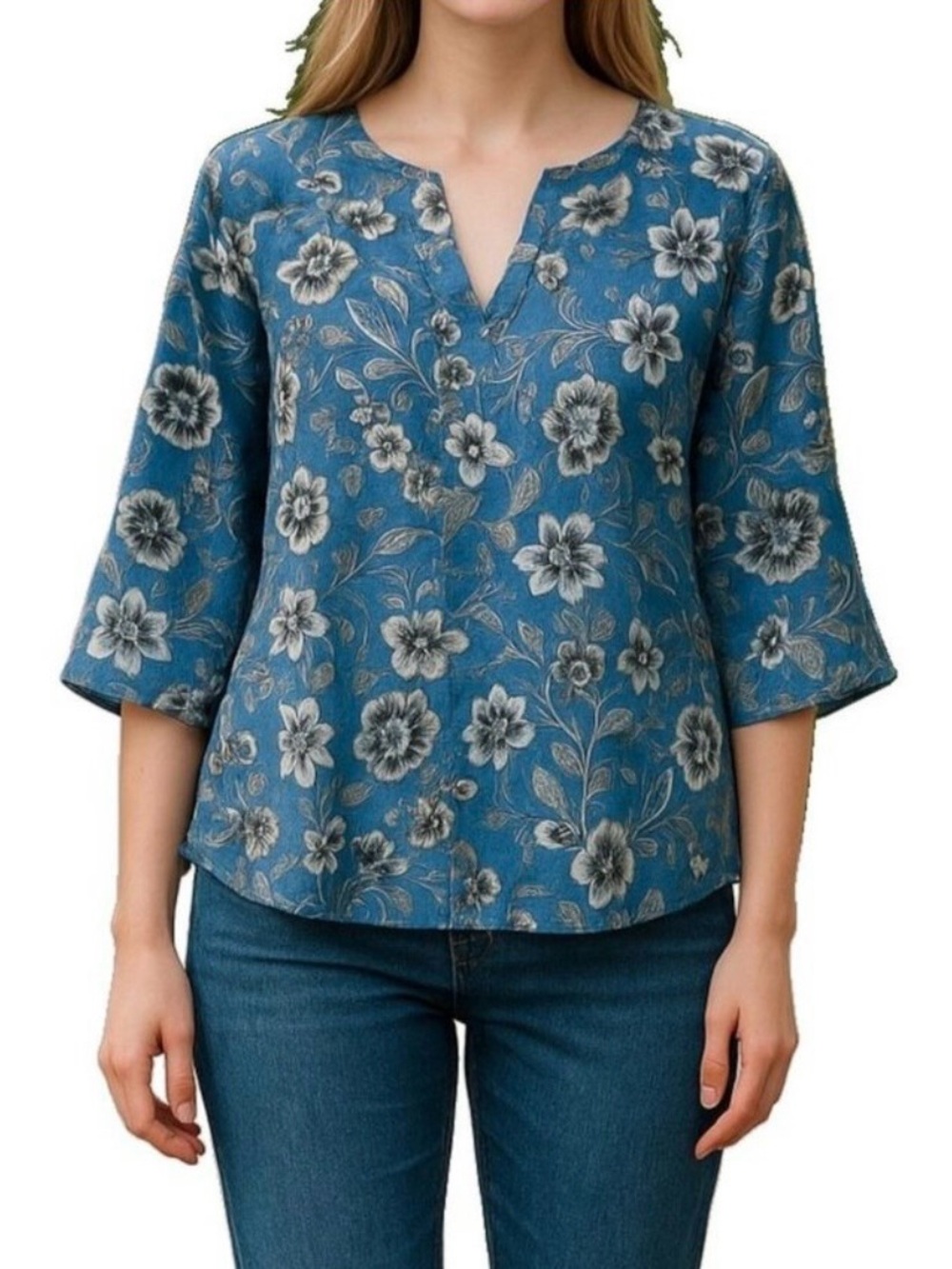 J Jill Love Linen Womens XS Top Blouse Blue Floral V-Neck Pullover